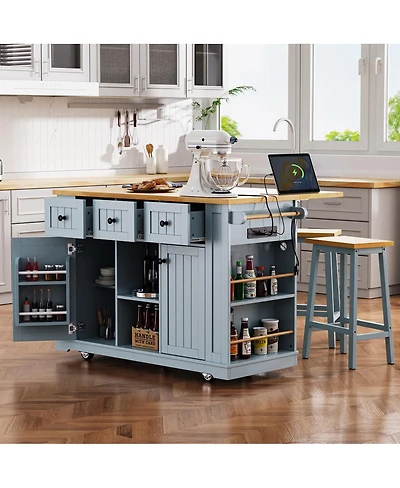 Streamdale Furniture Kitchen Island w/ 2 Stools, Power Outlet, Storage, Drop Leaf, 5 Wheels