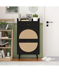 Rainsken Slim Rattan Shoe Cabinet, Freestanding Shoe Rack, Hidden Shoe Storage Organizer with 2 Flip Drawers for Entrance, Hallway