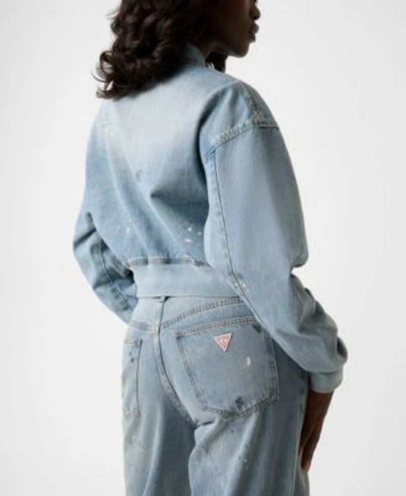 Guess Womens Anna Collared Cropped Bomber Jacket Relaxed Barrel High Rise Jeans