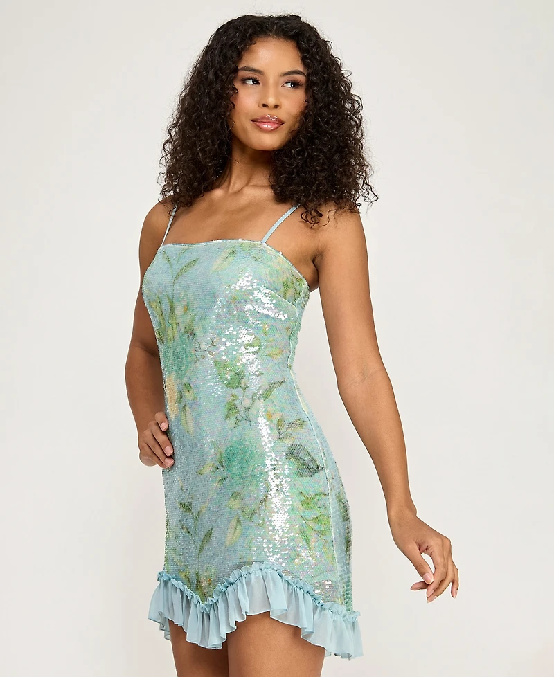Seni & Cade Juniors' Floral Sequin Ruffle-Hem Slim Dress