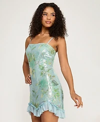 Seni & Cade Juniors' Floral Sequin Ruffle-Hem Slim Dress