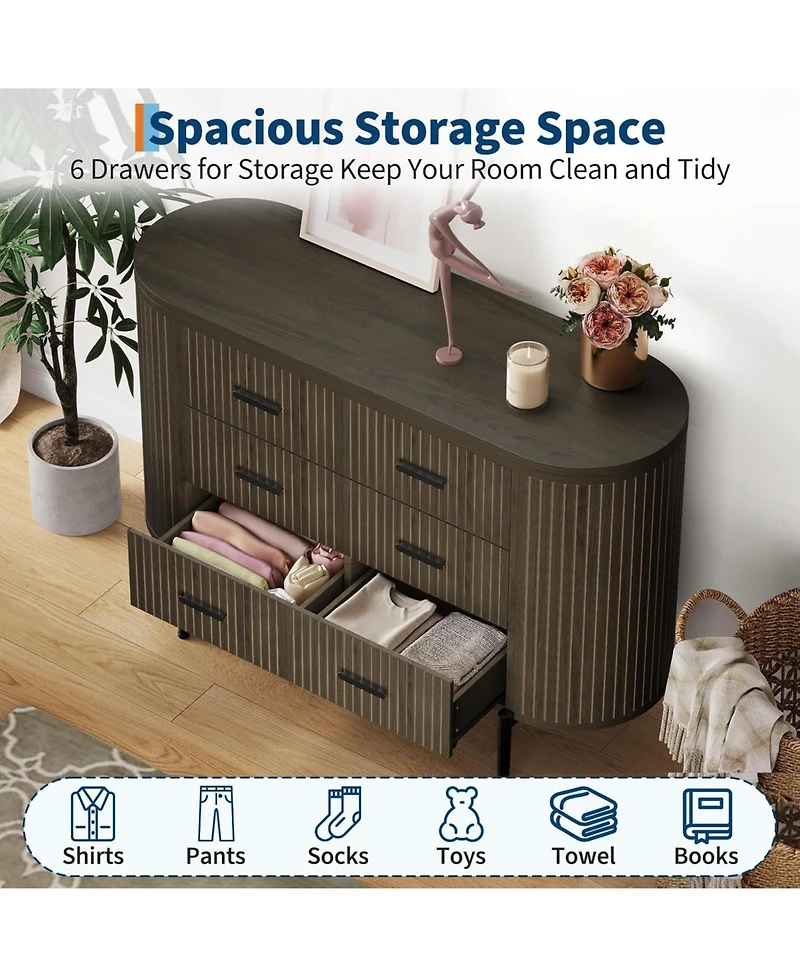 gaomon Fluted 6 Drawer Dresser for Bedroom, 59in Large Mid Century Modern Wooden Chest Dresser Tv Stand with Curved Profile Design and Gold Handles