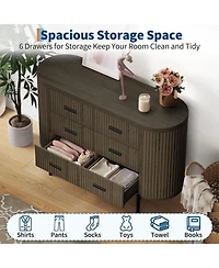 gaomon Fluted 6 Drawer Dresser for Bedroom, 59in Large Mid Century Modern Wooden Chest Dresser Tv Stand with Curved Profile Design and Gold Handles