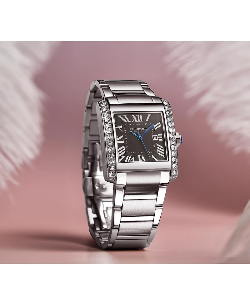Stuhrling Elan Women s Rectangular Quartz Watch, Black Dial, Silver-Tone Stainless Steel Bracelet, Roman Numeral Dial & Date