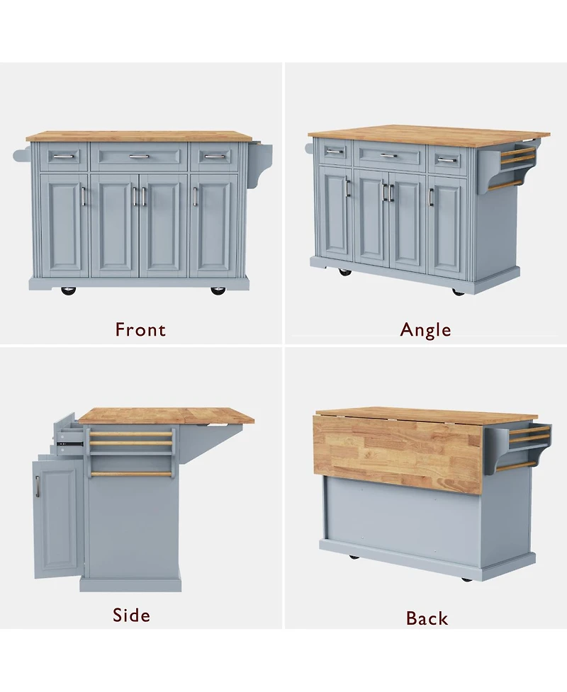 Streamdale Furniture 54" Large Kitchen Island with Drop Leaf, Rolling Cart with 4 Doors, 3 Drawers,