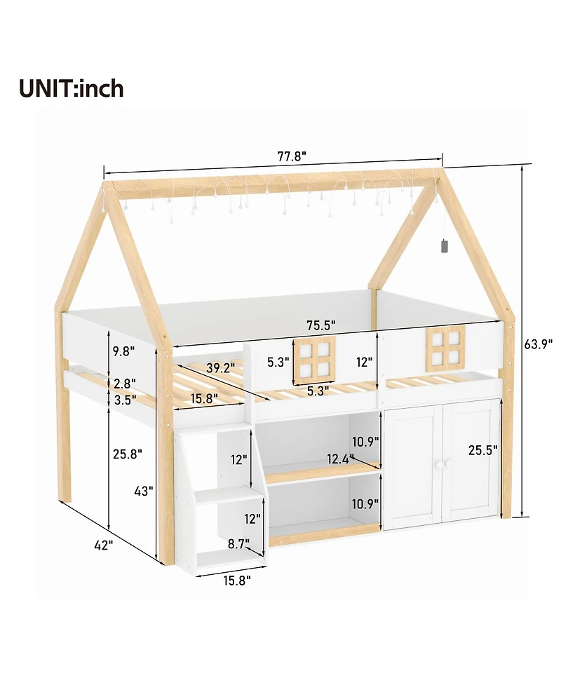 Streamdale Furniture loft bed with Step Staircase, Shelving, Cabinets & Led lights