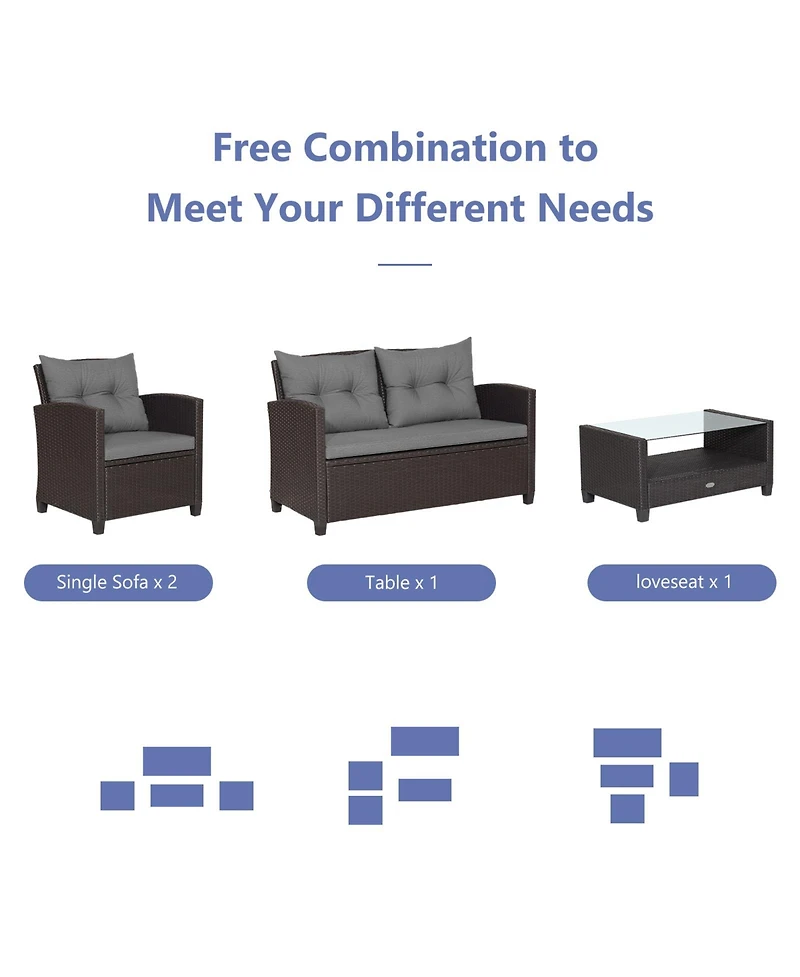 Gymax Set Of 4 Patio Rattan Furniture Set Glass Table Shelf Sofa Cushion