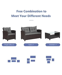 Gymax Set Of 4 Patio Rattan Furniture Set Glass Table Shelf Sofa Cushion