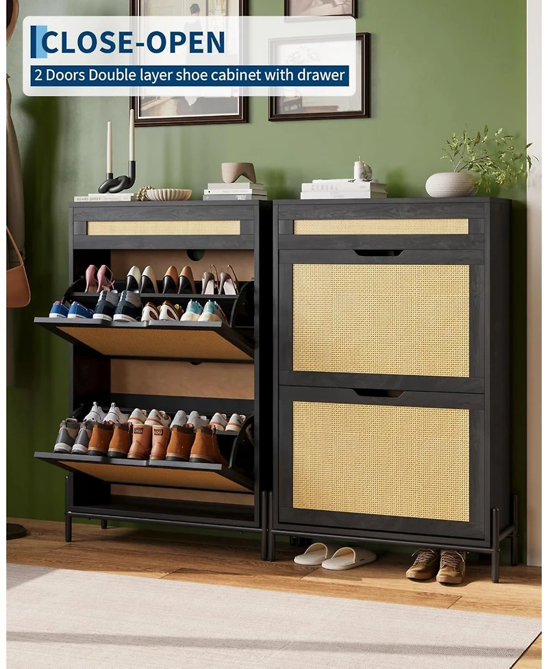 Gaomon Rattan Shoe Cabinet Storage with 2 Flip Drawers & Top Drawer, Freestanding Shoe Organizer Wooden Slim Shoe Rack Storage with Adjustable Shelves