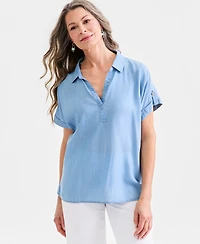 Style & Co Women's Chambray Collared Popover Top, Macy's Exclusive