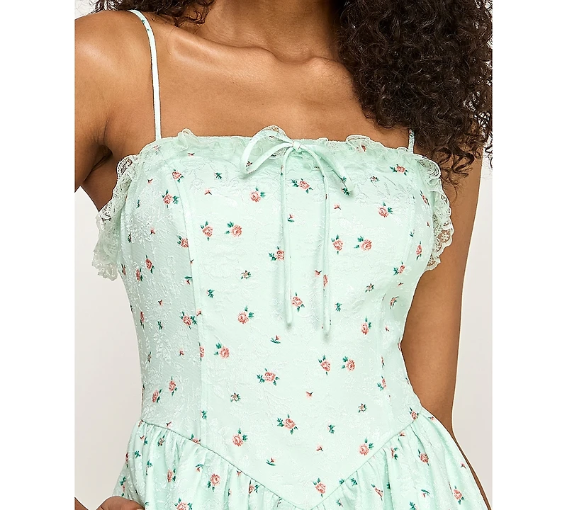 City Studios Juniors' Ditsy Floral Jacquard Lace Trim Bow Dress
