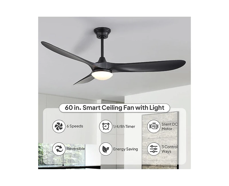 Sofucor 60-inch Modern Black 3-blade Ceiling Fan Light With Remote Control Supports Mobile Phone Connection And Voice Function