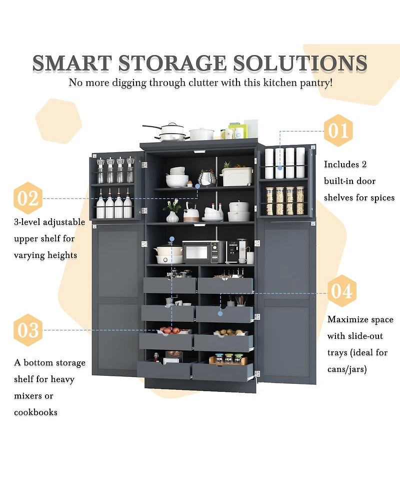 Streamdale Furniture Freestanding Kitchen Pantry Cabinet, 4 Doors, 8 Trays