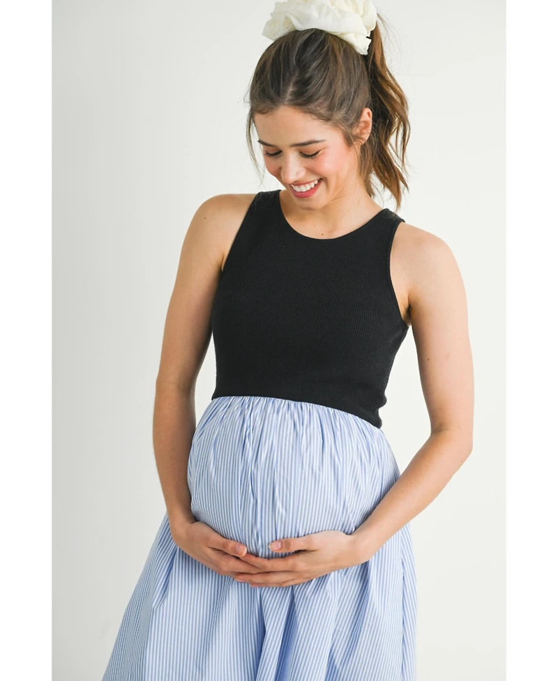 Hello Miz Maternity Sleeveless Empire Waist Striped Midi Dress