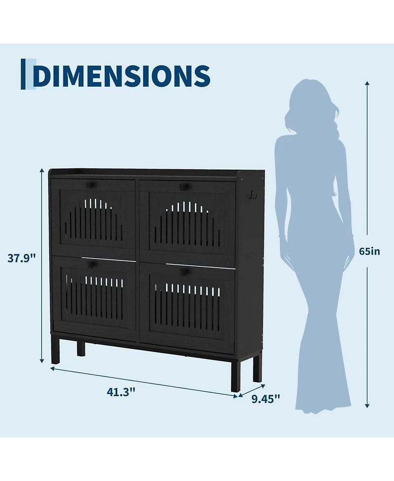 gaomon Shoe Cabinet with 4 Flip Drawers, Wooden Organizer with Hollow Panels & Black Handles