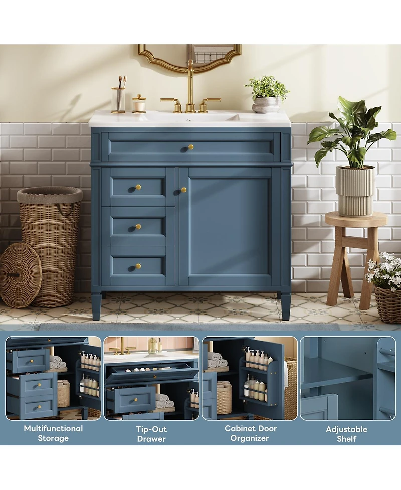 Sillysis 36" Modern Bathroom Vanity with Sink, Solid Wood Cabinet, Soft Close Drawers & Tip-Out Storage