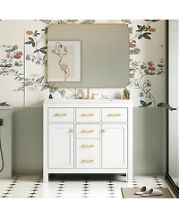 Sillysis 36" Modern Solid Wood Bathroom Vanity with Ceramic Sink, 4 Drawers & 2 Soft Close Doors Freestanding Cabinet