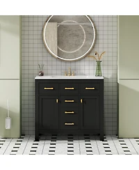 Sillysis 36" Modern Solid Wood Bathroom Vanity with Ceramic Sink, 4 Drawers & 2 Soft Close Doors Freestanding Cabinet