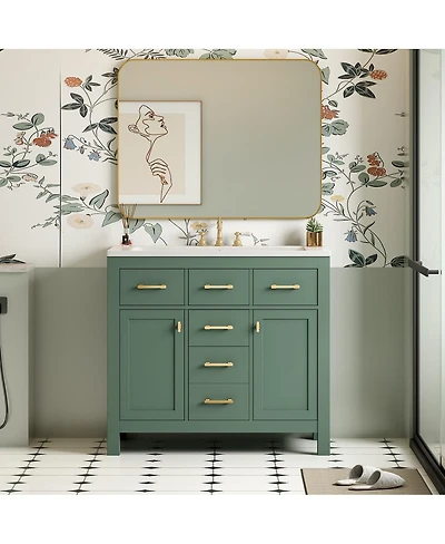 Sillysis 36" Modern Solid Wood Bathroom Vanity with Ceramic Sink, 4 Drawers & 2 Soft Close Doors Freestanding Cabinet