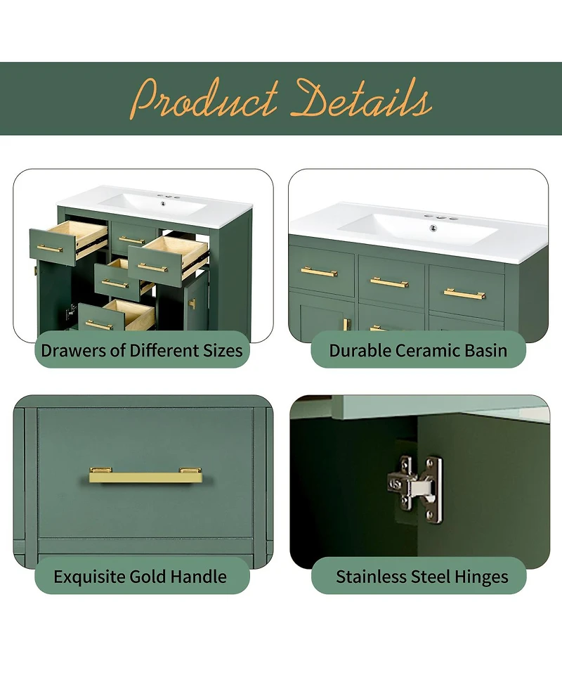 Sillysis 36" Modern Solid Wood Bathroom Vanity with Ceramic Sink, 4 Drawers & 2 Soft Close Doors Freestanding Cabinet