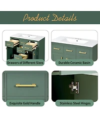 Sillysis 36" Modern Solid Wood Bathroom Vanity with Ceramic Sink, 4 Drawers & 2 Soft Close Doors Freestanding Cabinet