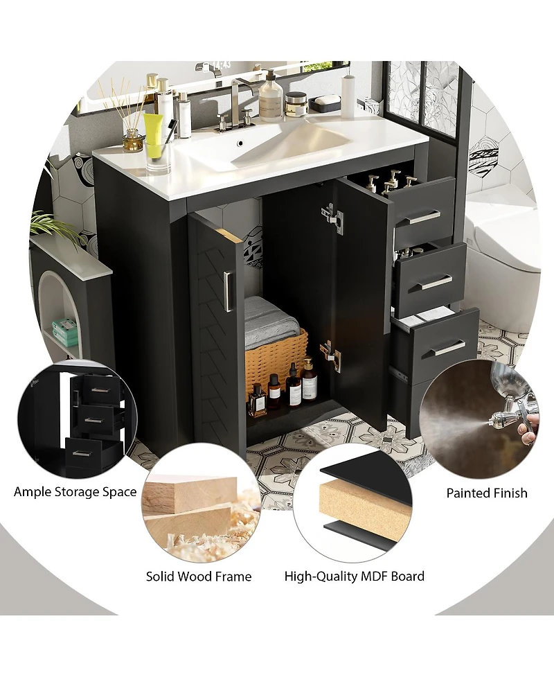 Sillysis 36" Bathroom Vanity with Ceramic Sink, Modern Solid Wood Cabinet & Ample Storage Drawers for Small Spaces