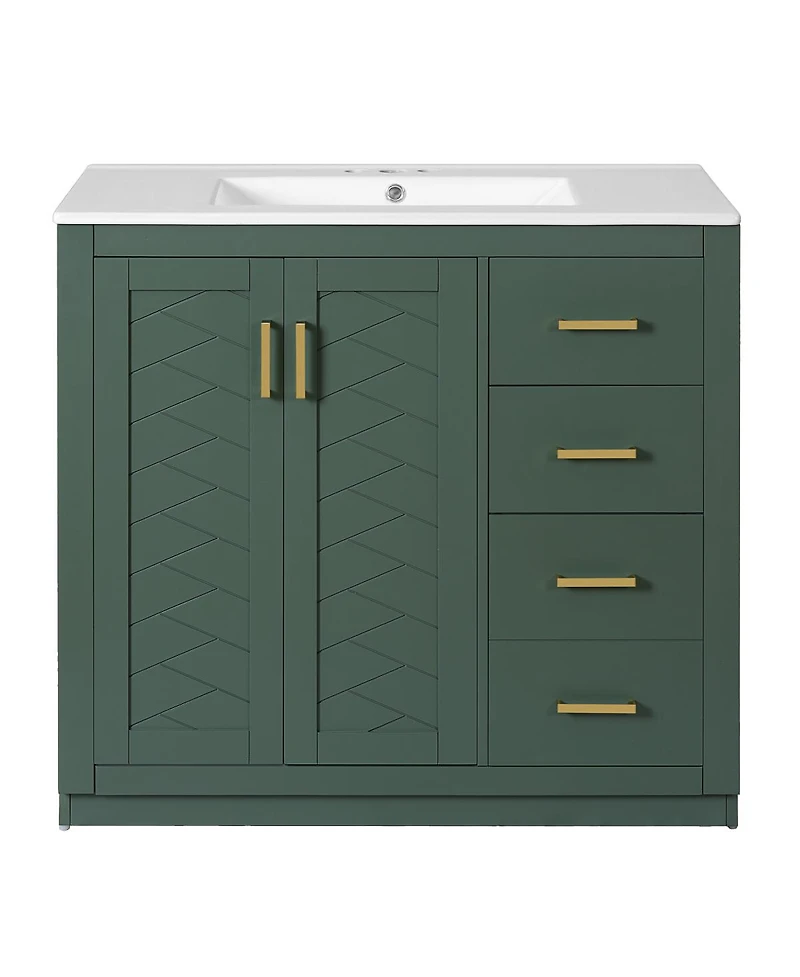 Sillysis 36" Bathroom Vanity with Ceramic Sink, Modern Solid Wood Cabinet & Ample Storage Drawers for Small Spaces