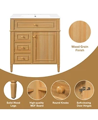 Sillysis 30" Freestanding Bathroom Vanity with Sink & Soft Close Flip Drawer, Solid Wood Mdf Storage for Modern Bathrooms