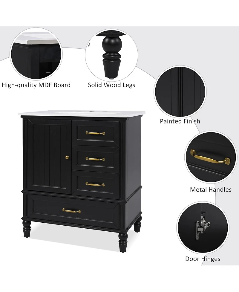 Sillysis 30" Modern Bathroom Vanity with Ceramic Sink, Freestanding Acacia Wood Mdf Cabinet 3 Drawers & Door