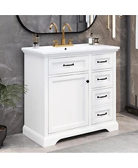 Sillysis 36" Bathroom Vanity with Ceramic Sink, Classic Modern Rubber Wood Cabinet & Ample Drawer Storage for Small Spaces