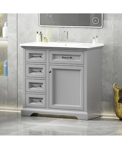 Sillysis 36" Bathroom Vanity with Ceramic Sink, Classic Modern Rubber Wood Cabinet & Ample Drawer Storage for Small Spaces