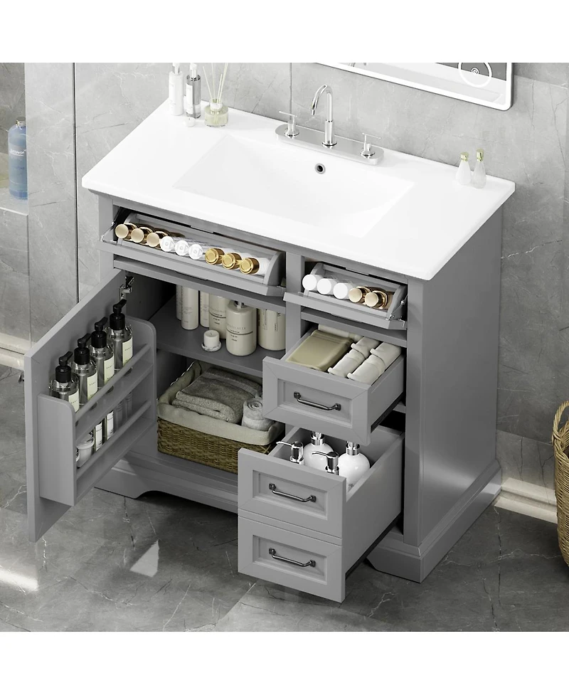 Sillysis 36" Bathroom Vanity with Ceramic Sink, Classic Modern Rubber Wood Cabinet & Ample Drawer Storage for Small Spaces