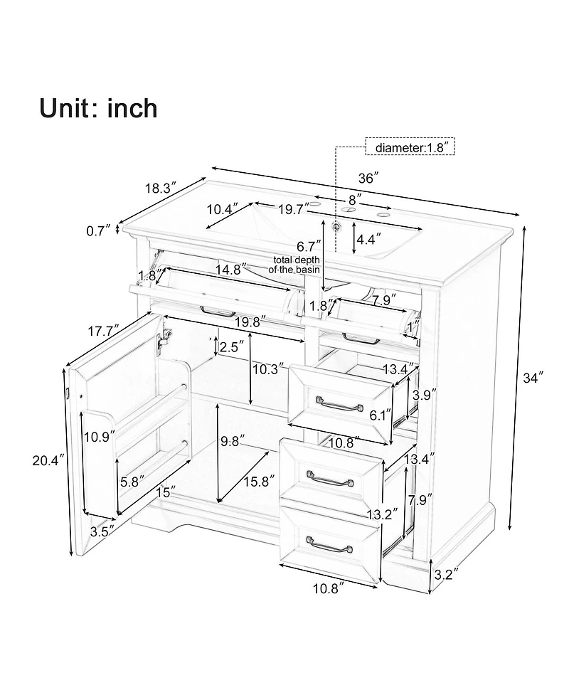 Sillysis 36" Bathroom Vanity with Ceramic Sink, Classic Modern Rubber Wood Cabinet & Ample Drawer Storage for Small Spaces