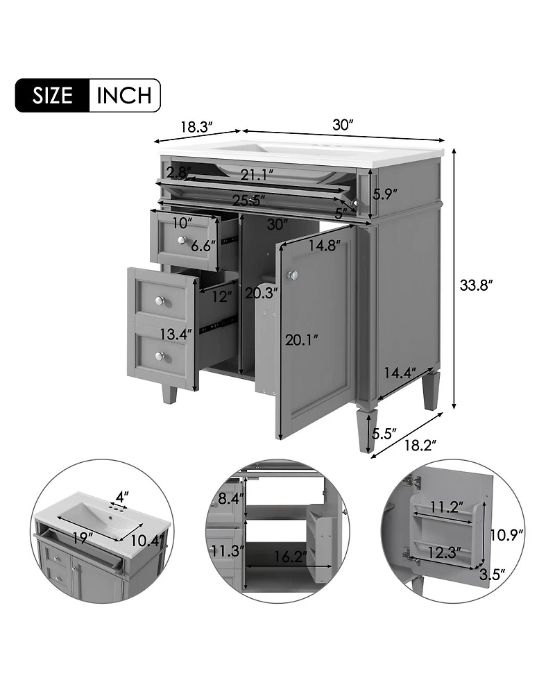 Sillysis Bathroom Vanity with Ceramic Sink, Solid Wood Cabinet, Ample Storage Drawers Adjustable Shelf for Small