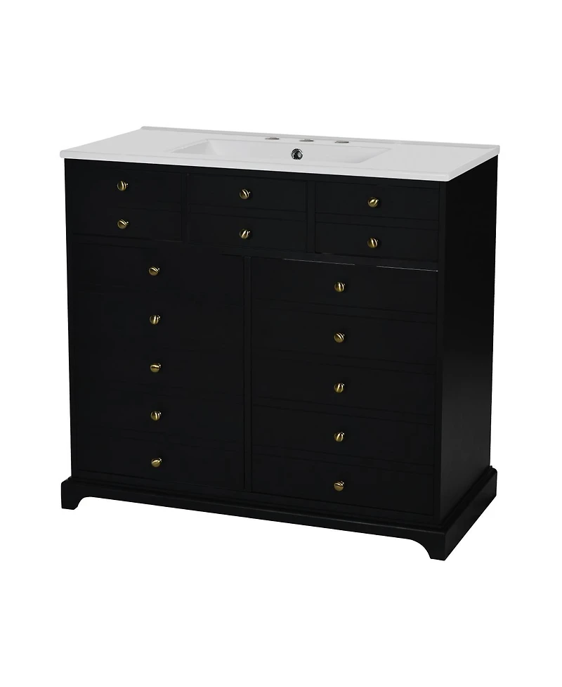 Sillysis 36" Bathroom Vanity with Ceramic Sink, Solid Wood Cabinet, 2 Drawers Doors Soft Close Storage for Small Bathrooms