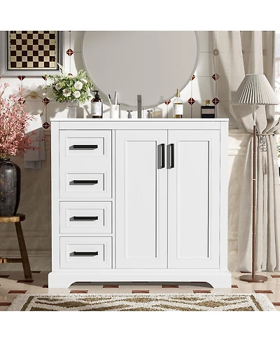 Sillysis 36" Modern Bathroom Vanity with Ceramic Sink, Solid Wood Frame & Soft Close Drawers for Small Spaces