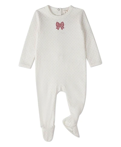MeMoi Baby Girls "Put A Bow On It" 100% Cotton Embroidered Polka-Dot Footie