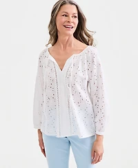 Style & Co Women's Cotton Eyelet Split Neck Long-Sleeve Top, Macy's Exclusive