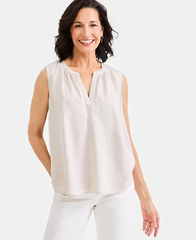 Style & Co Women's Linen Blend Sleeveless Split-Neck Top, Macy's Exclusive
