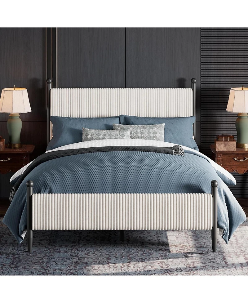gaomon Size Bed Frame with Velvet Headboard, Upholstered Soft Corduroy Fabric Platform with Wooden Slats Support & Heavy Duty Feet