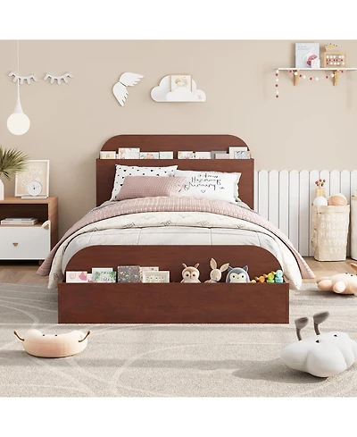 Gaomon Twin Size Bed Frame, Wooden Beds with Storage Headboard and Raised-Foodboard for Kid, Low Platform Bed for Bedroom