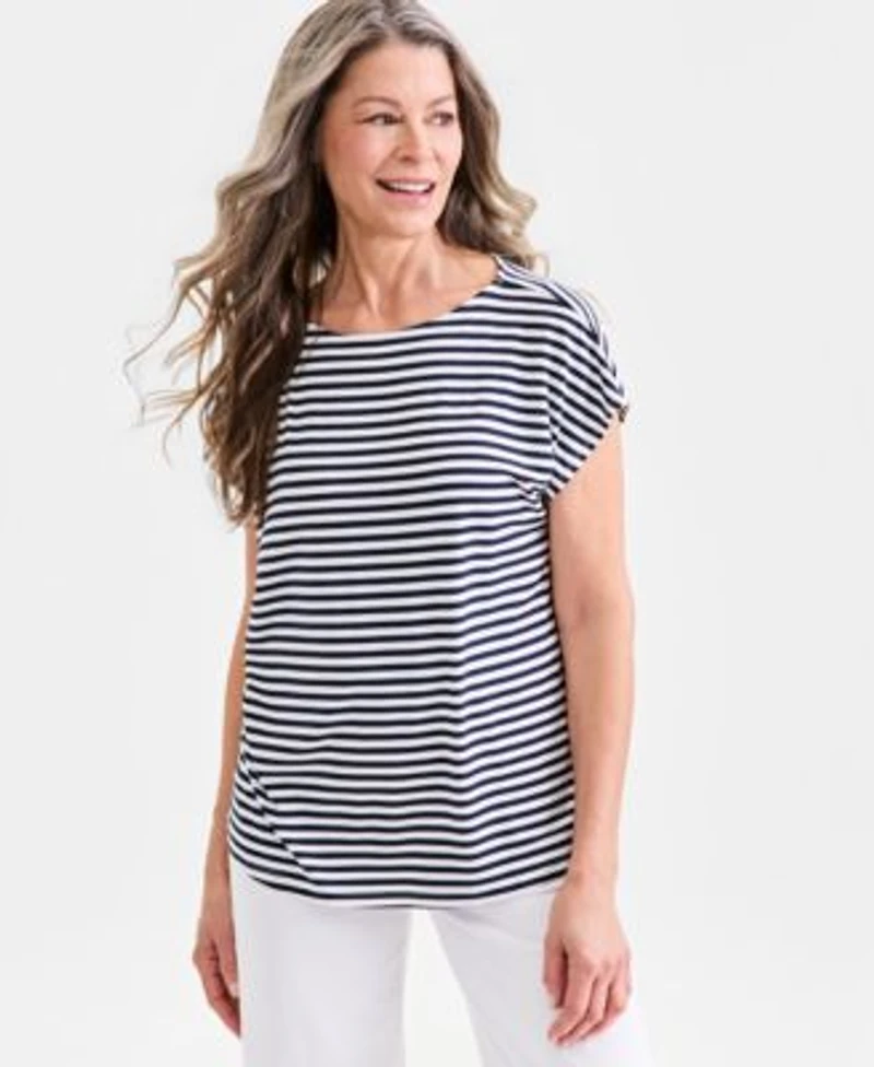 Style Co Womens Striped Short Sleeve Mixed Media Tee Macys Exclusive