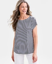 Style Co Womens Striped Short Sleeve Mixed Media Tee Macys Exclusive