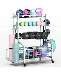 Home Gym Storage for Dumbbells,Yoga Mat and Balls, Adjustable width,All in One Workout Storage with Wheels and Hooks,Steel