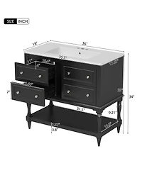 Sillysis 36" Modern Bathroom Vanity with Ceramic Sink, Freestanding Solid Wood Cabinet, 4 Drawers & Storage Shelf