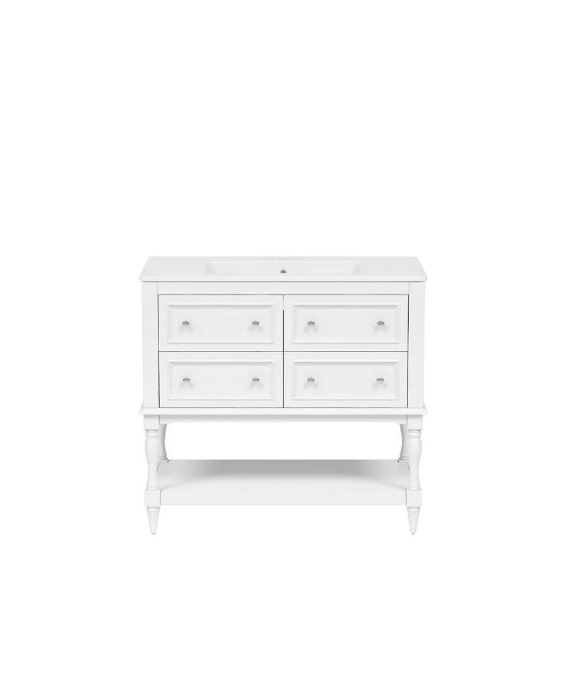 Sillysis 36" Modern Bathroom Vanity with Ceramic Sink, Freestanding Solid Wood Cabinet, 4 Drawers & Storage Shelf
