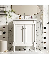 Sillysis 24" Bathroom Vanity with Ceramic Sink, Modern Solid Wood Cabinet & Ample Storage for Small Spaces