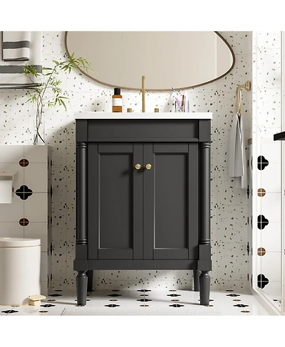 Sillysis 24" Bathroom Vanity with Ceramic Sink, Modern Solid Wood Cabinet & Ample Storage for Small Spaces