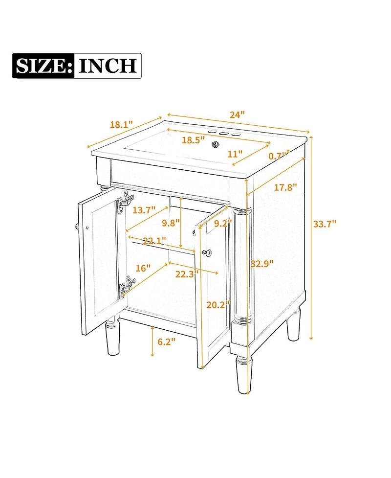 Sillysis 24" Bathroom Vanity with Ceramic Sink, Modern Solid Wood Cabinet & Ample Storage for Small Spaces