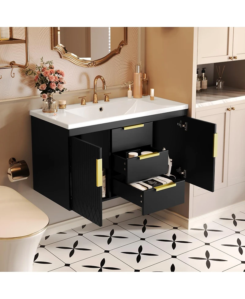Sillysis 36" Wall Mounted Bathroom Vanity with Resin Sink, Modern Mdf Cabinet, Double Drawers & Storage for Small Bathrooms